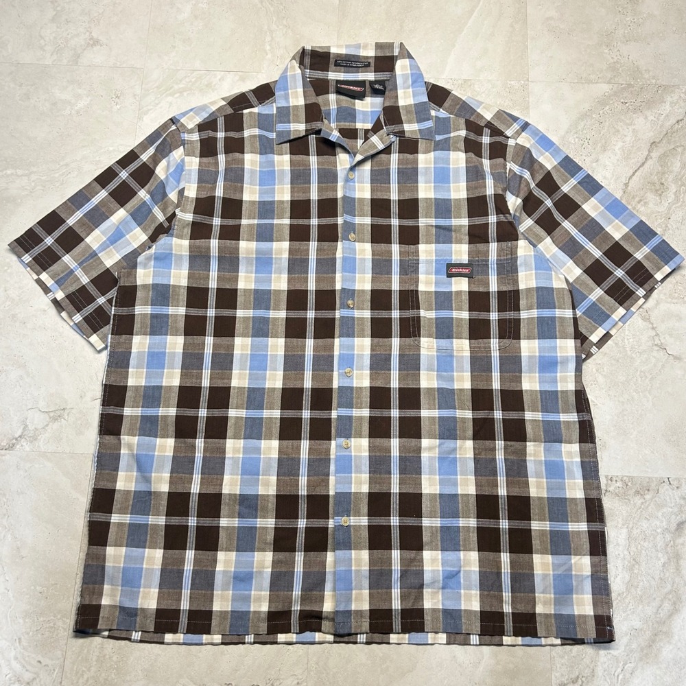 Dickies Plaid Short Sleeve Button Down Shirt Brown Blue Mens XL Workwear Casual
